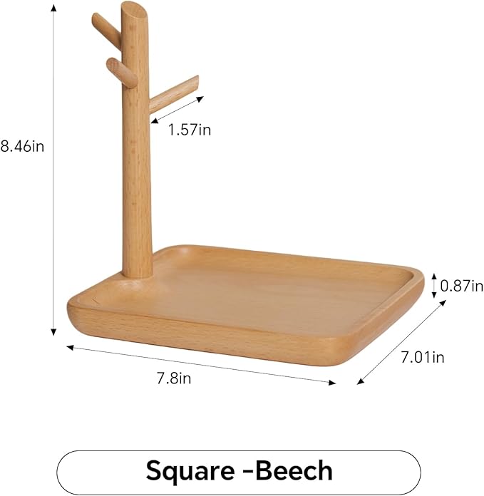Solid Beech Wood Key Tray and Bowl for Entryway Table - Smooth Polished Branch-Shaped Organizer With Hooks for Keys, Wallet, Jewelry, Glasses (Beech, Square)