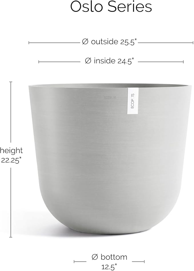 Ecopots Oslo Durable Modern Round Indoor/Outdoor Recycled-Based Composite Flower Pot Planter, White Grey, 25.5"