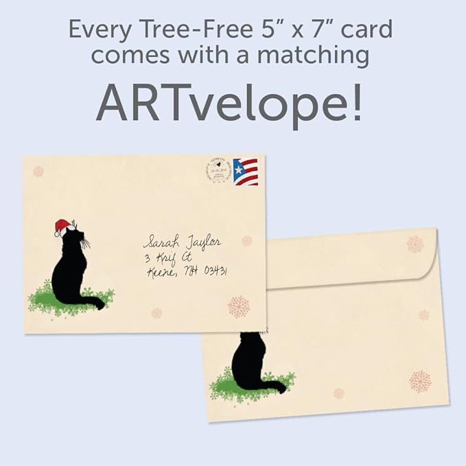 Tree-Free Greetings - Season's Greeting Cards - Artful Designs - 10 Cards + Matching Envelopes - Made in USA - 100% Recycled Paper - 5 x 7 - More Cats (HB93018)
