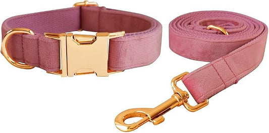Love Dream Velvet Dog Collar and Leash Set, Soft & Comfy Adjustable Dog Leash and Collar with Heavy Duty Metal Buckle for Small Medium Large Dogs Training & Walking (XLarge, Pink)
