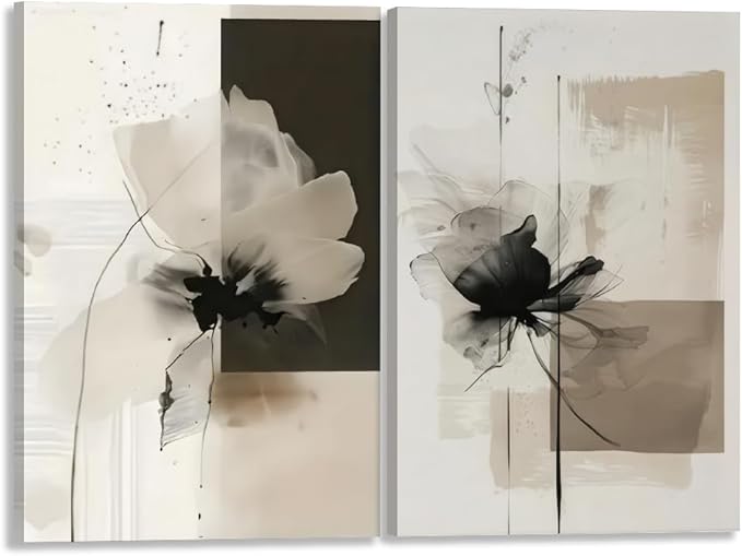 Minimalist Abstract Floral Wall Art Prints Set of 2 Neutral Beige Black Flower Canvas Painting Poster Trendy Botanical Picture for Gallery Modern Japandi Boho Home Decor 24x36inch Wrapped Framed