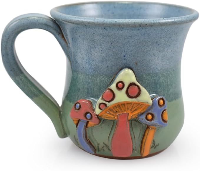 Enchanted Mushrooms Mug - American Handmade Sculpted Stoneware Pottery, 16-oz