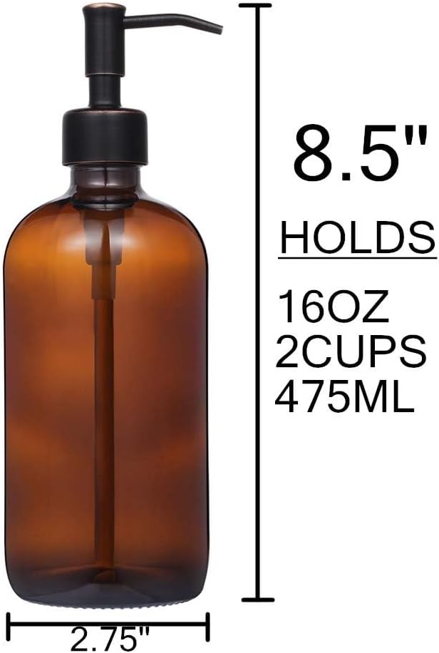 Amber Glass Jar Soap Dispenser with ORB Pump,16oz Round Bottle Dispenser with Stainless Steel Pump, Bathroom Soap Dispenser Set for Home Decor, Farmhouse & Kitchen Decor (ORB)