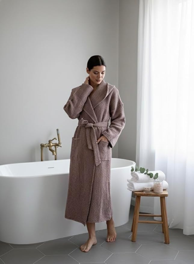 Magic Linen - Unisex Waffle Bathrobe, Hooded Linen-cotton Blend Bath Robe, Lightweight Robe for Women and Men