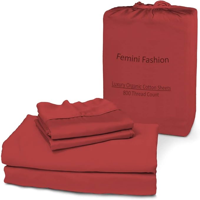 Femini Fashion 100% Organic Cotton Bed Sheets 800-Thread-Count, 16-Inch Deep-Pocket, Luxury Breathable Crisp 4-Piece Bed Sheet Set (1 Flat Sheet, 1 Fitted Sheet, 2 Pillowcases) - Cal-King, Burgundy