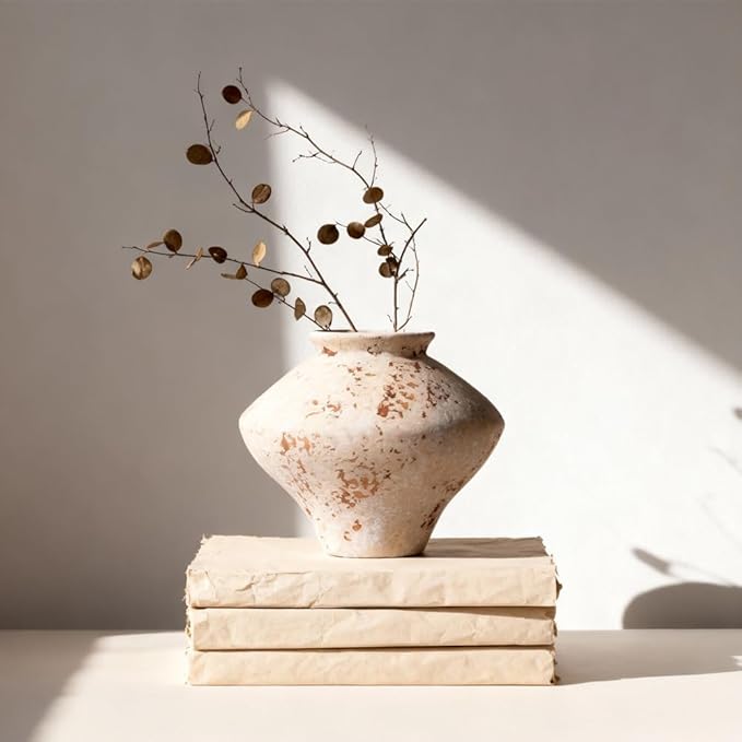 Wabi Sabi Vase 6.7in, Whitewashed Ceramic Vase, Wabi Sabi Decor Vintage Vases for Centerpiece, Round Low Pottery Vase Rustic Farmhouse Decor for Coffee Table Shelf Entryway