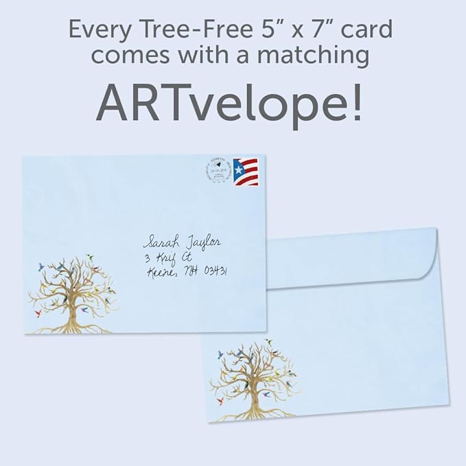 Tree-Free Greetings Bird Tree of Life Solstice Cards - 10 Recycled 5x7 Cards & Matching Envelopes, Thick Cardstock, Made in USA - Golden Growing Tree