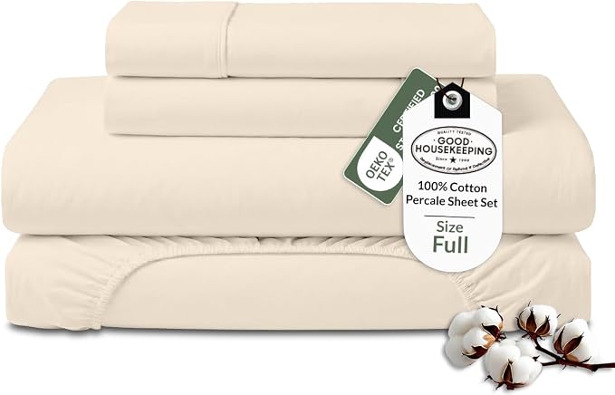ROYALE LINENS 100% Organic Cotton Full Sheet Set - Percale Weave - 4 Pieces Set - 1 Flat, 1 Deep Pocket Fitted Sheet and 2 Pillowcases - Cream Bed Sheets - Sábanas Full - Crisp Cool (Cream)