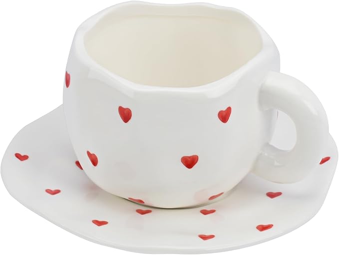 Koythin Ceramic Coffee Mug with Saucer, Cute Red Heart Cup for Women for Office and Home, Couple Cups for Girlfriends, 10 oz/300 ml for Latte Tea Milk (Small Red Heart)