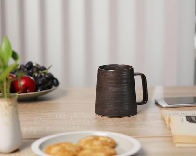 Large Handmade Pottery Coffee Mug, Unique Metallic Glazed Ceramic Drinking Cup Coffee Cup with Big Handle for Home, Office or Gifts, Microwaveable, Annular Texture 16 oz