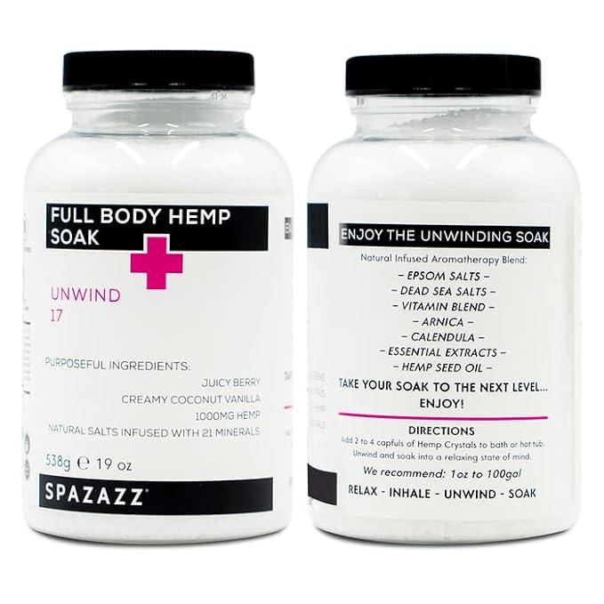Spazazz Full Body Hemp Soak - 1000mg Hemp - Spa Hot Tub & Bath Aromatherapy Bath Salt Crystals - 538g/19oz (Unwind 17)