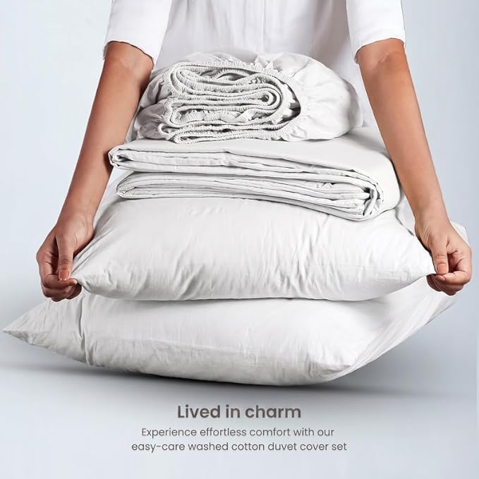 BIOWEAVES 100% Organic Washed Cotton Percale Weave Sheets King, GOTS Certified Sheets for King Size Bed, 17” Deep Pocket – 4 Piece Set, White
