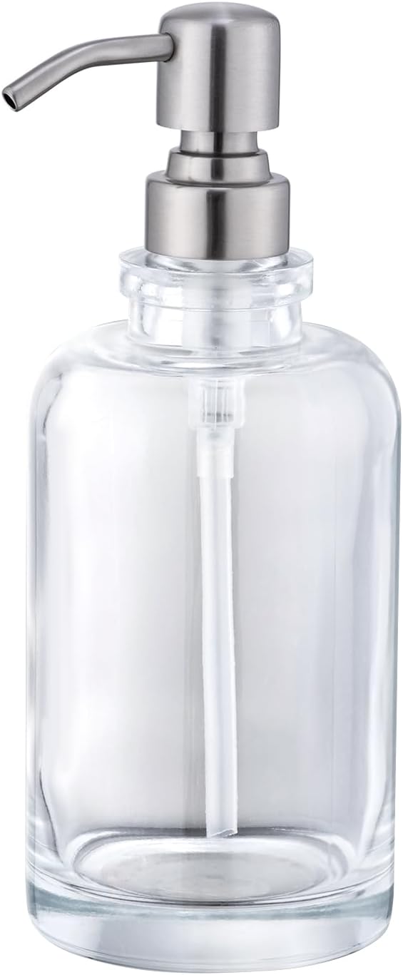 Glass Soap Dispenser Clear with Brushed Nickel Pump, 16.9 OZ Liquid Soap Dispenser Cylindrical with Stainless Steel Pump for Dish Hand Soap Bathroom Kitchen Vanity Countertop
