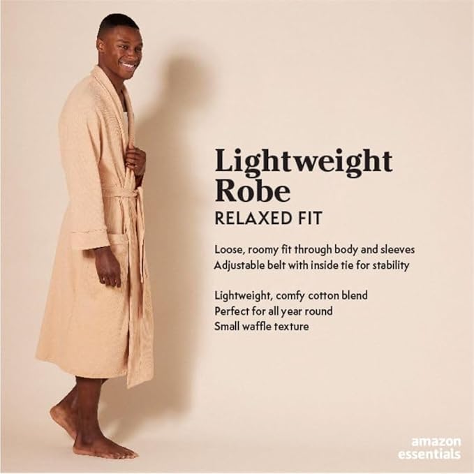 Amazon Essentials Men's Lightweight Cotton Waffle Bathrobe (Available in Big & Tall)