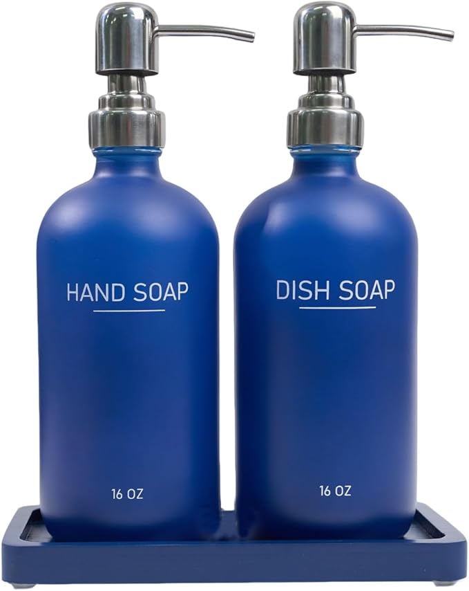 Navy Blue Soap Dispenser Set, Glass Soap Dispenser with Stainless Steel Pump & Tray, Farmhouse Hand Soap Dispenser & Dish Soap Dispenser for Bathroom Kitchen Sink(2 Blue)