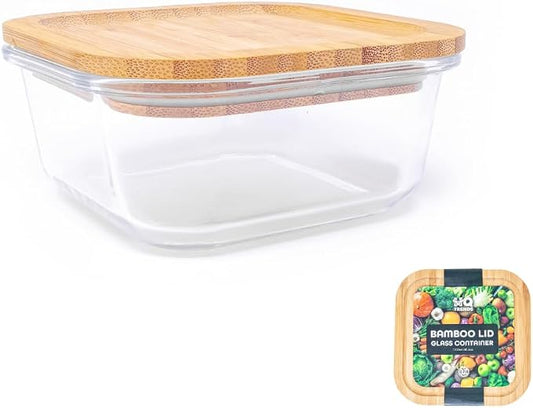 HQ Glass Container/Containers with Natural Brown Wooden Bamboo Lid Eco Friendly Storage Airtight 41 oz Square Baking Dish for Cooking Kitchen Storage Refrigerator Boxes Bakeware for Kitchens 1200 ML