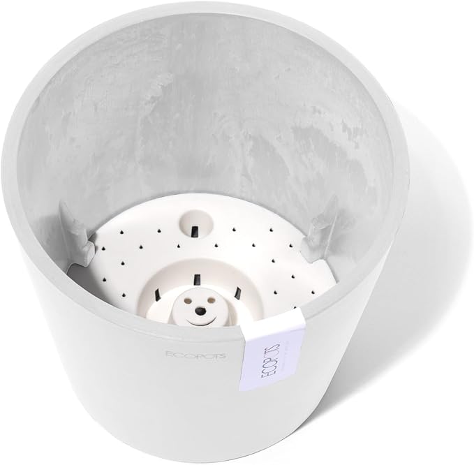 Ecopots Amsterdam Durable Modern Round Indoor/Outdoor Recycled-Based Composite Flower Pot Planter w/Water Reservoir, Pure White, 8"