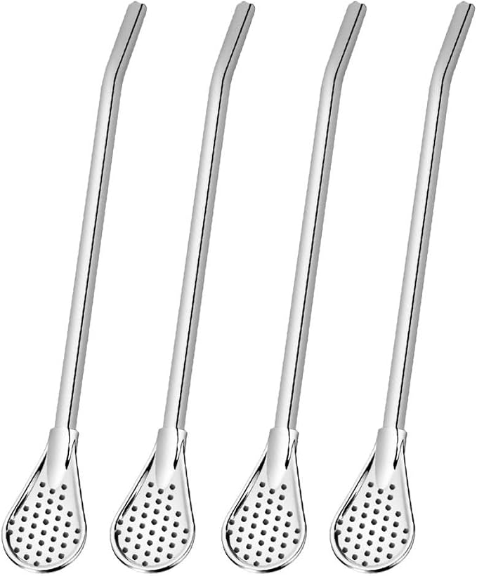 4PCS Reusable Stainless Steel Drinking Straws with Filter Spoon, Tea Drinking Straws Spoon Detachable Coffee Stirring Spoon, 7inch Long