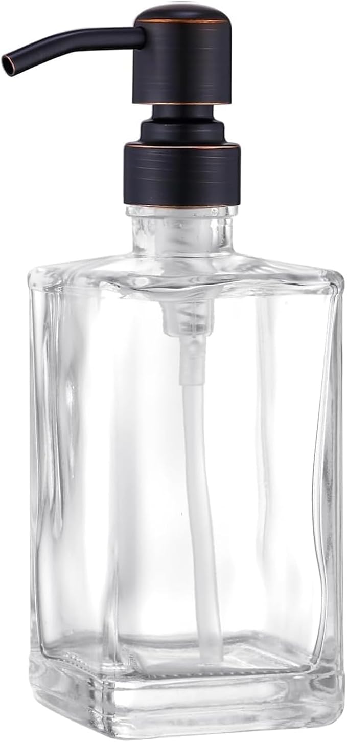 13.5 Oz Clear Glass Soap Dispenser with Rust Proof Stainless Steel Pump, Antique Design Refillable Square Lotion Dispenser for Bathroom, Premium Kitchen Hand Soap (Oil Rubbed Bronze)