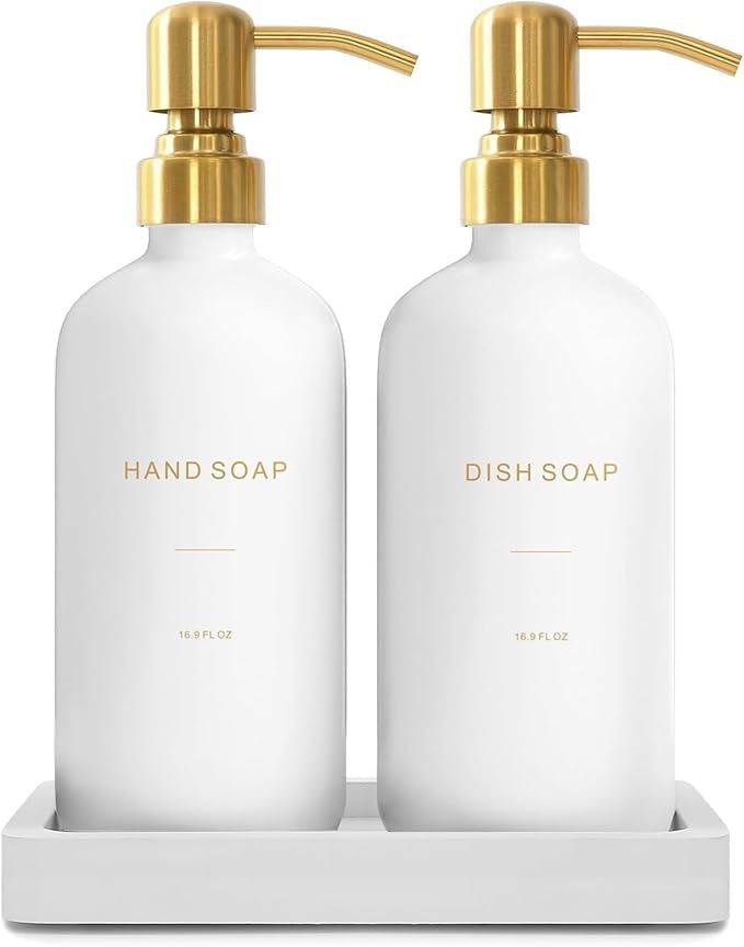 Liquid Dispenser Soap Dispenser Set Glass with Stainless Steel Pump Countertop Soap Bottle(White Bottle+Gold Pump)