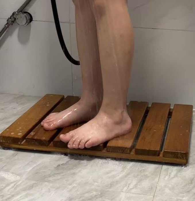 Natural Teak Wood Shower Bath Mat, 20.67 * 14.76 Inches, Non-Slip Rubber Feet, Premium Wooden Floor Mats for Spa, Sauna, Pool and Hot Tub, Flooring Decor and Protector, Indoor and Outdoor Use.