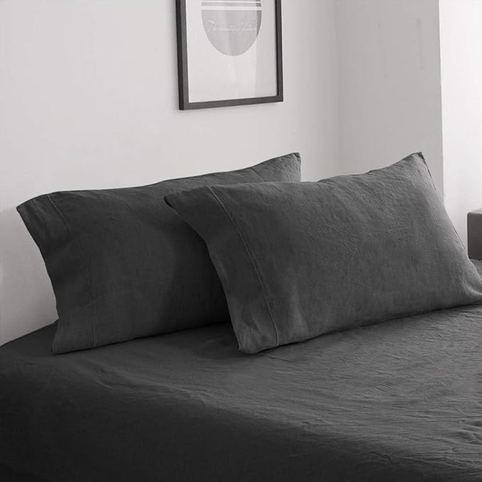 100% French Linen Pillowcases with Embroidery - Pack of 2 - Washed Solid Color Natural Flax Soft Breathable - Dark Grey, 20'' x 30''