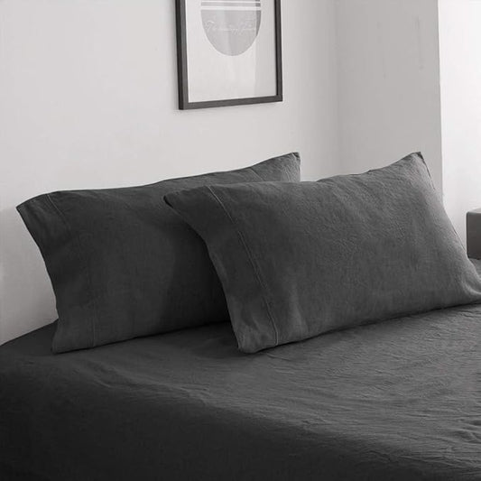 100% French Linen Pillowcases with Embroidery - Pack of 2 - Washed Solid Color Natural Flax Soft Breathable - Dark Grey, 20'' x 30''