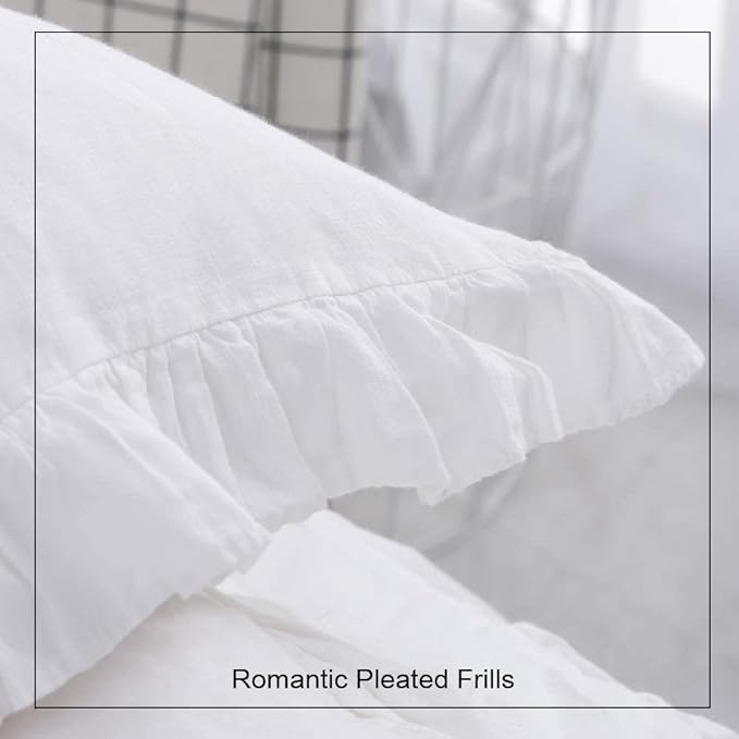 100% French Linen Throw Pillow Covers - Set of 2 - Washed Flax Decorative Ruffled Square Cushion Cover Solid Color Soft Breathable - White, 18'' x 18''