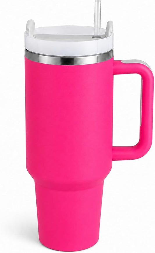 Pandance 40 oz Tumbler with Handle, Tumbler with Lid and Straw(Rose Pink) | Stainless Steel Vacuum Insulated Travel Mug, Sturdy Screw-on lid, Cup Holder Friendly, Large Capacity Cup For Iced Coffee