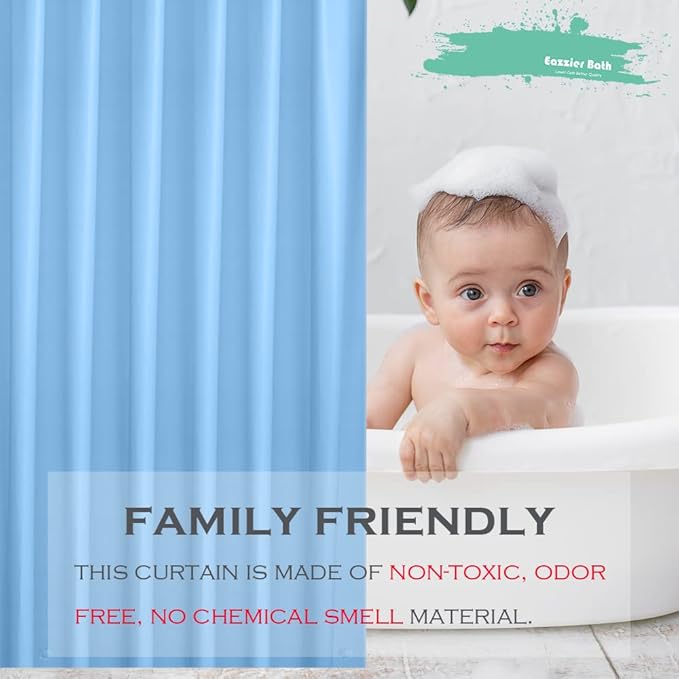 Baby Blue Plastic Shower Curtain Or Liner, 72x72 Inch Lightweight Cream Blue Plastic Bathroom Shower Showroom Inner Curtain with Rustproof Metal Grommet Holes and Weighted Magnets