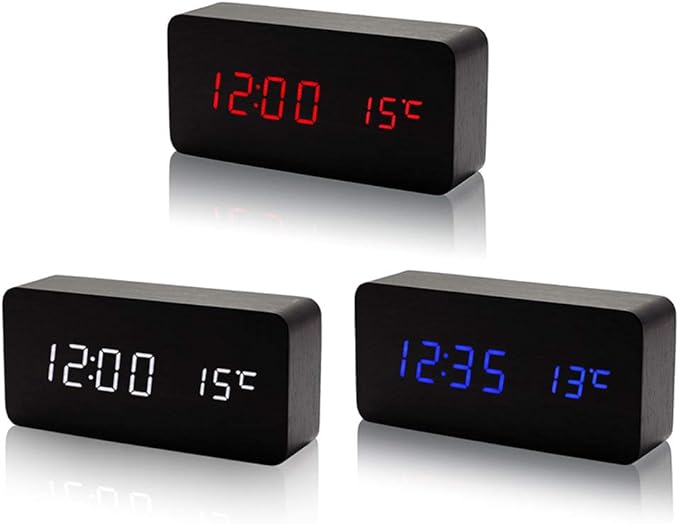 Wooden Digital Clock Multi-Function LED Alarm Clock with Time/Date/Temperature Display and Voice Control for Home Office Travel AC11Black_White