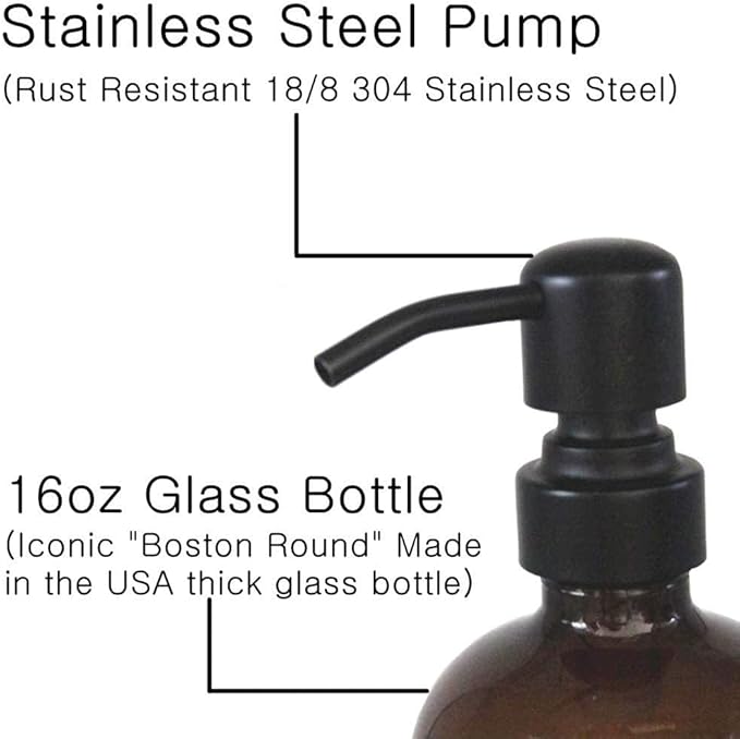 Amber Glass Jar Soap Dispenser with Matte Black Pump,16oz Round Bottle Dispenser with Stainless Steel Pump, Bathroom Soap Dispenser Set for Home Decor, Farmhouse & Kitchen Decor (Matte Black)