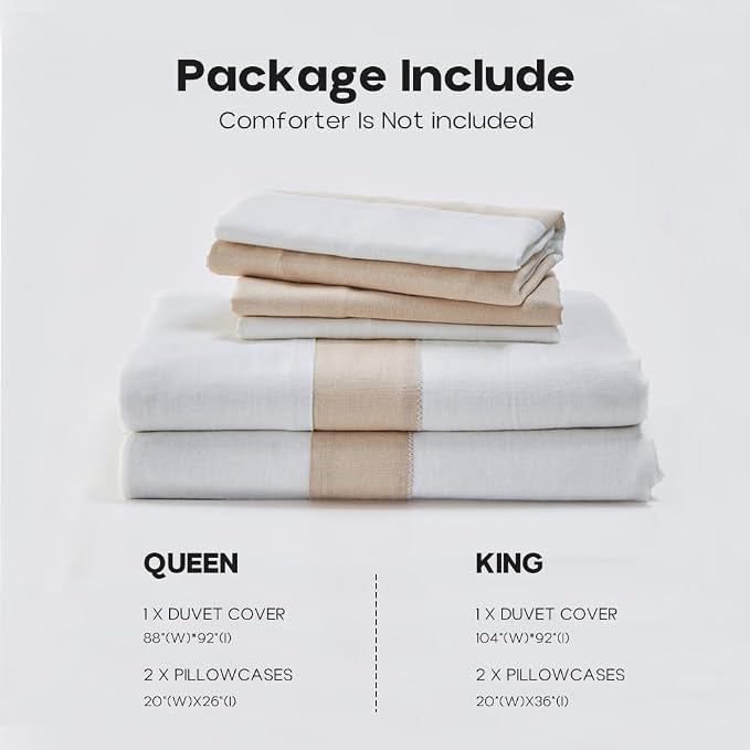 Simple&Opulence French Linen Duvet Cover Set with Stripe 104”x92”, 3 Pieces(1 Comforter Cover and 2 Pillow Shams) Rustic Natural Flax Cotton Blend(King,White and Linen)