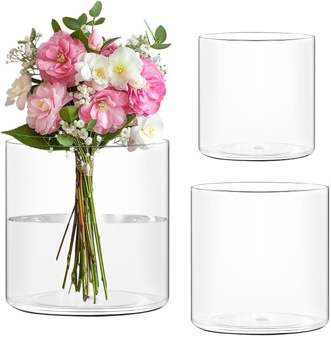Acrylic Flower Vase Cylinder, 3 Packs Clear Plastic Vase for Centerpieces - Shatterproof Wedding, Event & Home Decor Vase,3.94", 4.72", 5.9" Short Round - 3 Pcs Clear