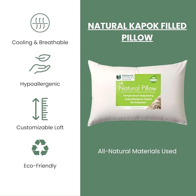 ORGANIC TEXTILES 100% Natural Kapok Pillow for Sleeping with Organic Cotton Cover, (King Size), GOTS Certified, Adjustable Loft, Cooling and Breathable, Easy Care, Back, Side, and Stomach Sleeper