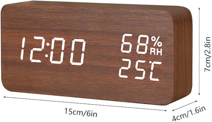 Smart Wooden Desk Clock with Voice Control, Snooze Alarm, and Real-time Environment Monitoring (Bamboo, 15 * 4 * 7cm)