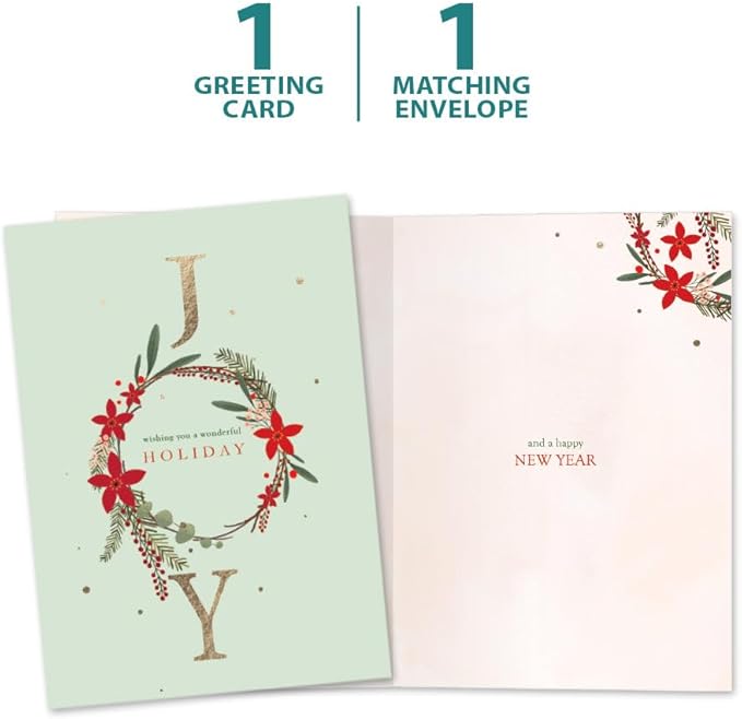 Tree-Free Greetings - Season's Greeting Card - Artful Designs - 1 Card + Matching Envelopes - Made in USA - 100% Recycled Paper - 5 x 7 - Joy Wreath (VO80673)