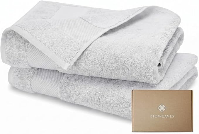 BIOWEAVES 100% Organic Cotton 700 GSM Luxury Bath Towels for Bathroom 30" x 58" GOTS Certified - Silver, Pack of 2
