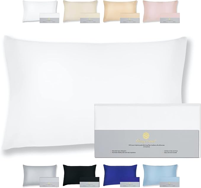 25 Momme Premium Mulberry Silk Pillowcase for Hair and Skin | Handcrafted Hypoallergenic & Anti-Acne White Silk Pillow Cases with Zipper | Standard - 20" x 26", Natural Undyed White