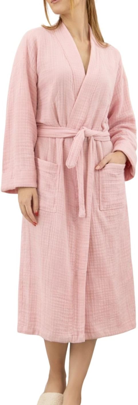 100% Cotton Muslin Kimono Robe for Women, Lightweight Gauze Bathrobe, Soft Breathable Spa Robe