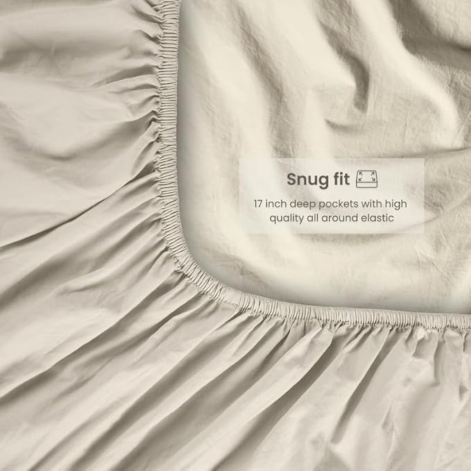 BIOWEAVES 100% Organic Washed Cotton Percale Weave Sheets Queen | GOTS Certified Sheets for Queen Size Bed, 17” Deep Pocket – 4 Piece Set, F Dew