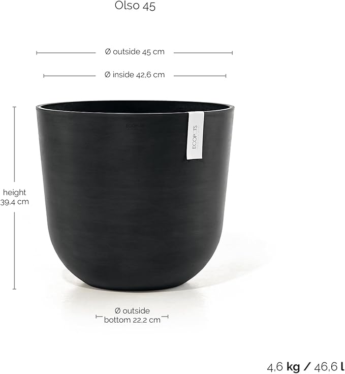 Ecopots Oslo Durable Modern Round Indoor/Outdoor Recycled-Based Composite Flower Pot Planter, Dark Grey, 17.75"