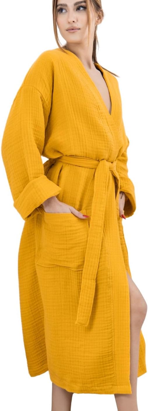 100% Cotton Muslin Kimono Robe for Women, Lightweight Gauze Bathrobe, Soft Breathable Spa Robe