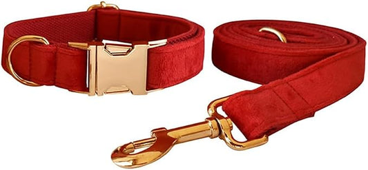 Love Dream Velvet Dog Collar and Leash Set, Soft & Comfy Adjustable Dog Leash and Collar with Heavy Duty Metal Buckle for Small Medium Large Dogs Training & Walking (Large, Red)