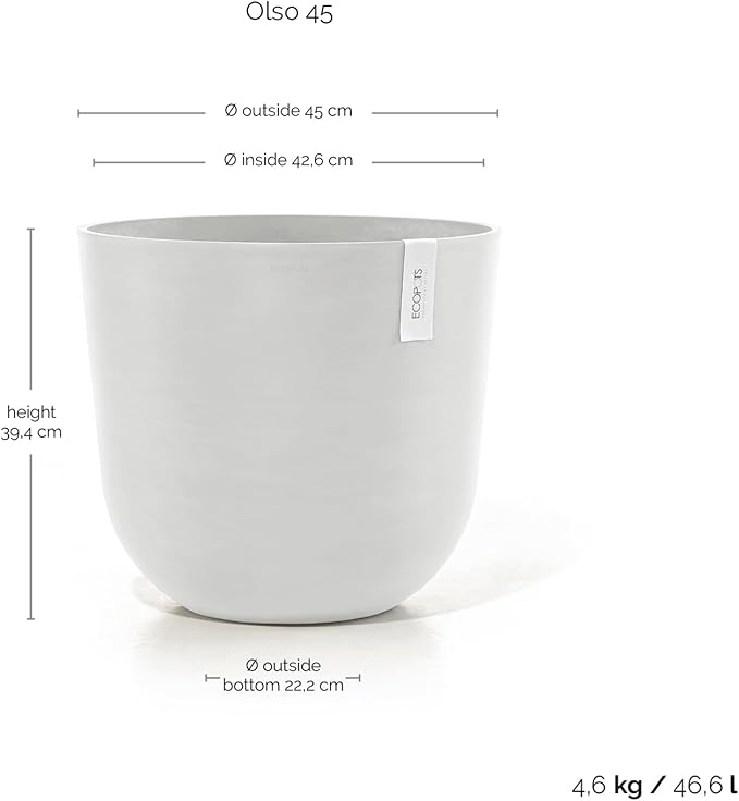Ecopots Oslo Durable Modern Round Indoor/Outdoor Recycled-Based Composite Flower Pot Planter, Grey, 17.75"