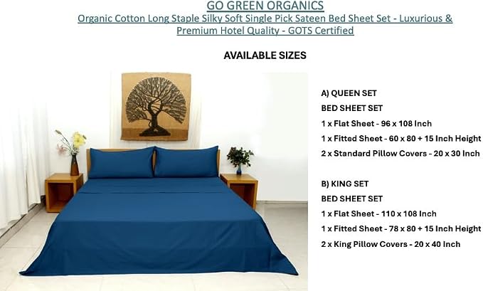 Organic Cotton Long Staple Silky Soft Single Pick Sateen Bed Sheet Set - Luxurious & Premium Hotel Quality - GOTS Certified - Solid Dyed (Moroccon Blue, Queen (U.S. Standard))