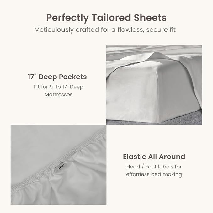 BIOWEAVES 100% Organic Cotton Sheets, 300 Thread Count 4-Piece GOTS Certified Bed Sheet Set Fits Mattress Upto 17" Deep Pocket, Soft & Silky Sateen Weave (Full, Silver)