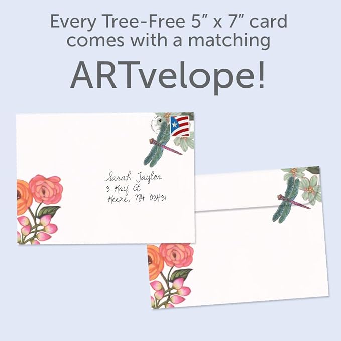 Tree-Free Greetings Bright Dragonfly Thank You Card - 1 Recycled 5x7 Card & Matching Envelope, Thick Cardstock, Made in USA - Artful Vibrant Garden