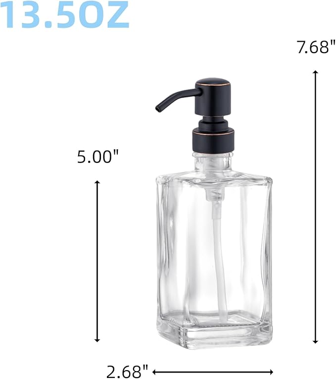 13.5 Oz Clear Glass Soap Dispenser with Rust Proof Stainless Steel Pump, Antique Design Refillable Square Lotion Dispenser for Bathroom, Premium Kitchen Hand Soap (Oil Rubbed Bronze)