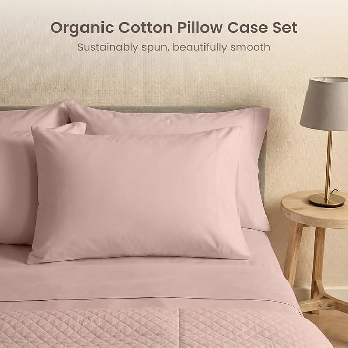 Bioweaves 100% Organic Cotton King Pillow Cases 300 Thread Count Soft Sateen Weave GOTS Certified – King Size, Set of 2, Dusty Rose